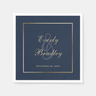 Elegant Dark Navy Blue Gold Border Script Napkin