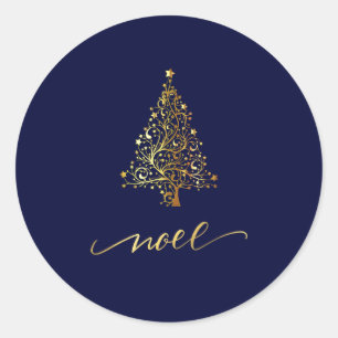 Elegant Dark Navy Blue & Gold Christmas Tree Noel Classic Round Sticker