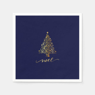 Elegant Dark Navy Blue & Gold Christmas Tree Noel Napkin