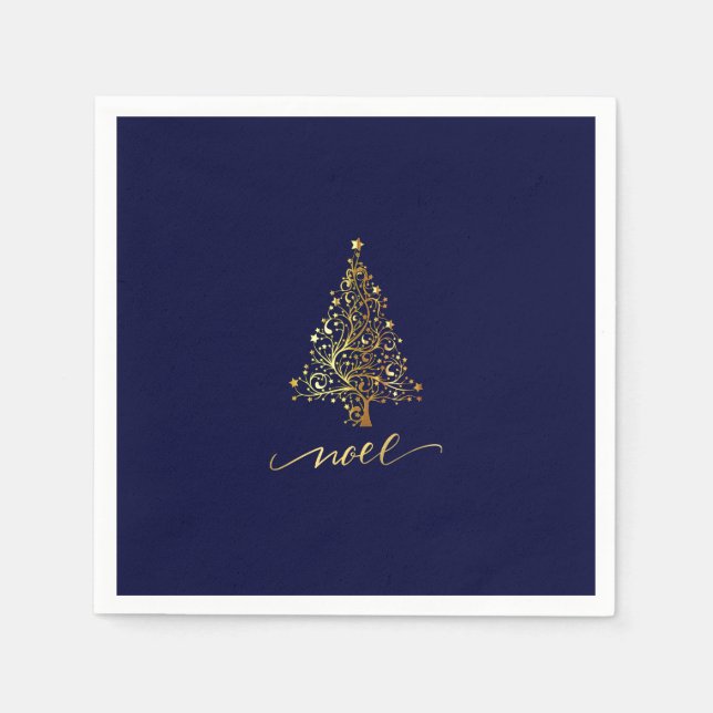 Elegant Dark Navy Blue & Gold Christmas Tree Noel Napkin (Front)