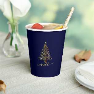 Elegant Dark Navy Blue & Gold Christmas Tree Noel Paper Cups