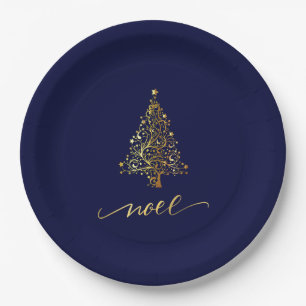 Elegant Dark Navy Blue & Gold Christmas Tree Noel Paper Plate