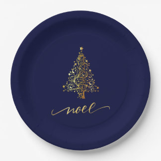 Elegant Dark Navy Blue & Gold Christmas Tree Noel Paper Plate