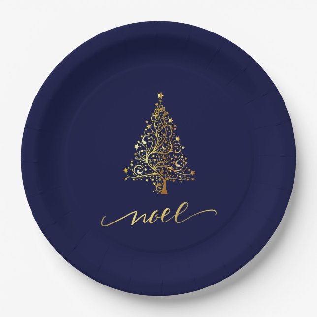Elegant Dark Navy Blue & Gold Christmas Tree Noel Paper Plate (Front)