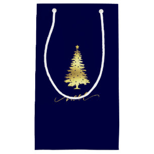 Elegant Dark Navy Blue & Gold Christmas Tree Noel Small Gift Bag