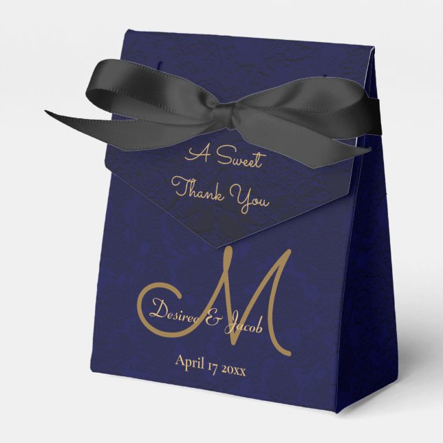 Elegant Dark Navy Blue Gold Monogram Floral Favour Box (Front Side)