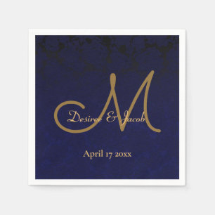 Elegant Dark Navy Blue Gold Monogram Floral Napkin