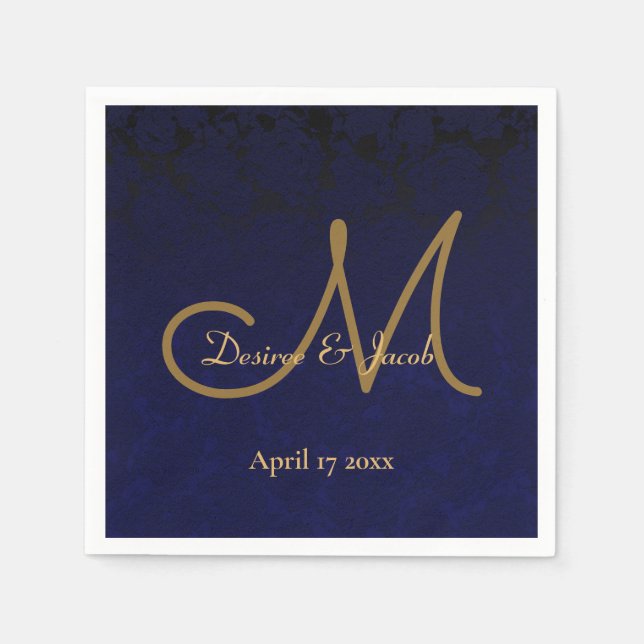 Elegant Dark Navy Blue Gold Monogram Floral Napkin (Front)