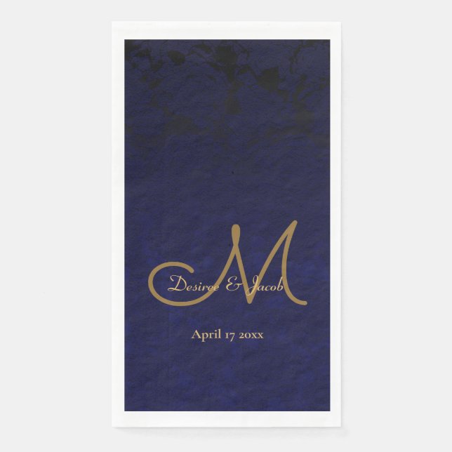 Elegant Dark Navy Blue Gold Monogram Floral Napkin (Front)