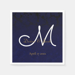 Elegant Dark Navy Blue Gold White Monogram Floral Napkin