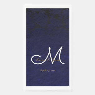 Elegant Dark Navy Blue Gold White Monogram Floral Napkin