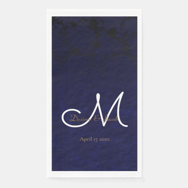 Elegant Dark Navy Blue Gold White Monogram Floral Napkin (Front)