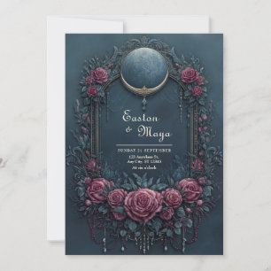 Elegant Dark Navy Burgundy Floral Evening Wedding Invitation
