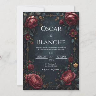 Elegant Dark Navy Burgundy Floral Golden Wedding Invitation