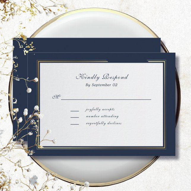 Elegant Dark Navy Gold Frame Traditional  RSVP (Creator Uploaded)