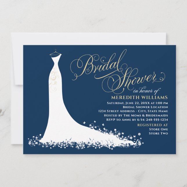 Elegant Dark Navy Gold Wedding Gown Bridal Shower Invitation (Front)