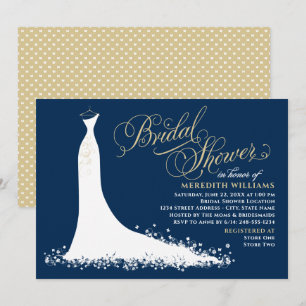 Elegant Dark Navy Gold Wedding Gown Bridal Shower Invitation