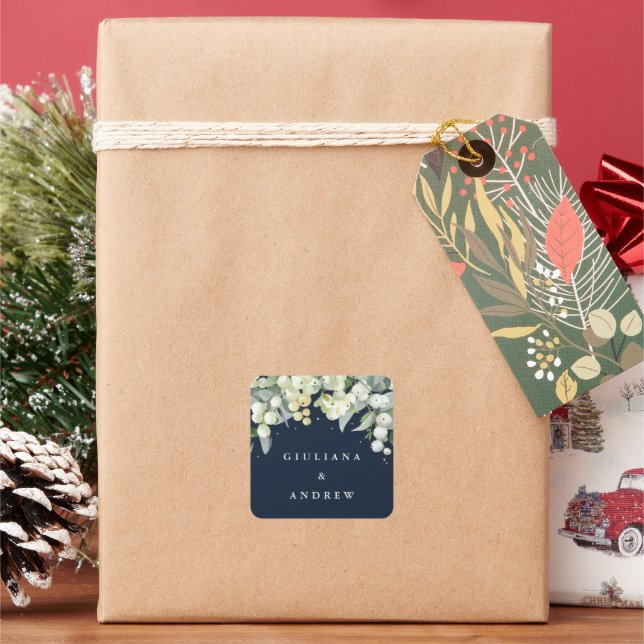 Elegant Dark Navy Snowberry+Eucalyptus Wedding Square Sticker (Holiday)
