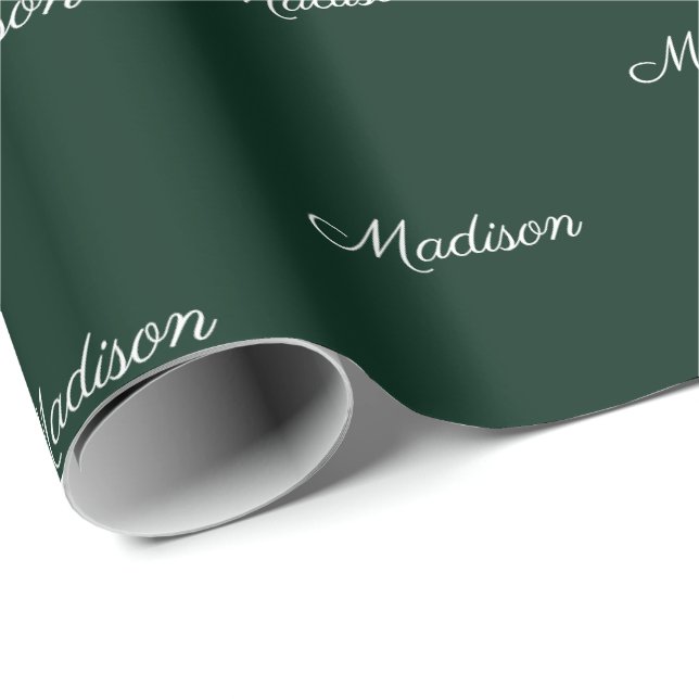 Elegant dark pine green custom script name text wrapping paper (Roll Corner)