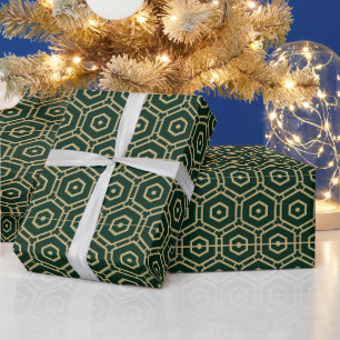 Elegant dark pine green gold geometric pattern  wrapping paper