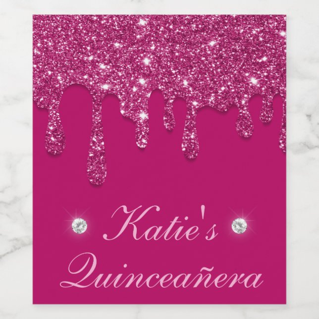 Elegant Dark Pink Dripping Glitter Quinceanera Wine Label (Single Label)