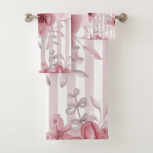 Elegant Dark Pink Floral Pinstripes Watercolor Bath Towel Set