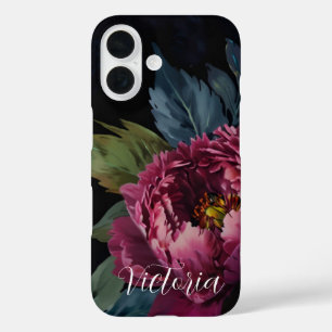 Elegant dark pink floral watercolor personalise iPhone 16 case