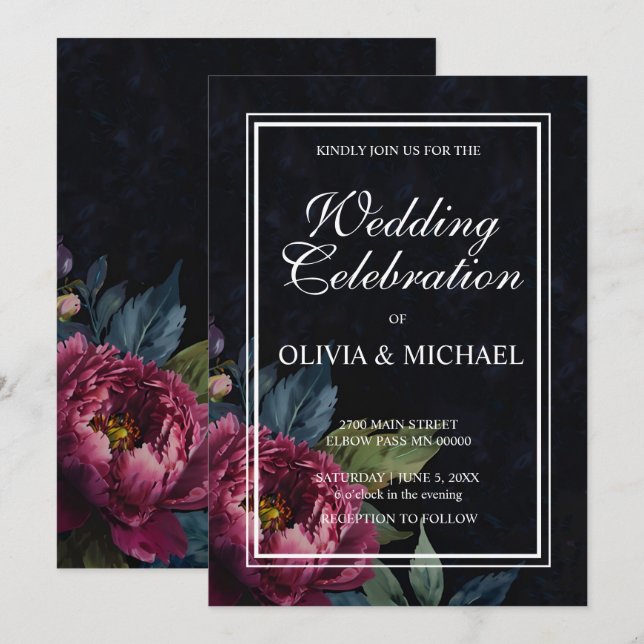 Elegant dark pink floral Wedding invitations  (Front/Back)