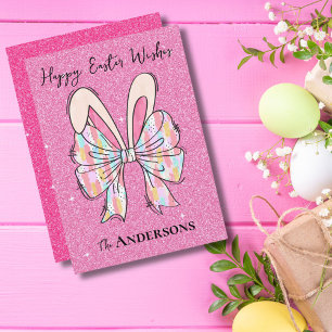 Elegant Dark Pink Glitter Easter Bunny Ears & Bow Holiday Card