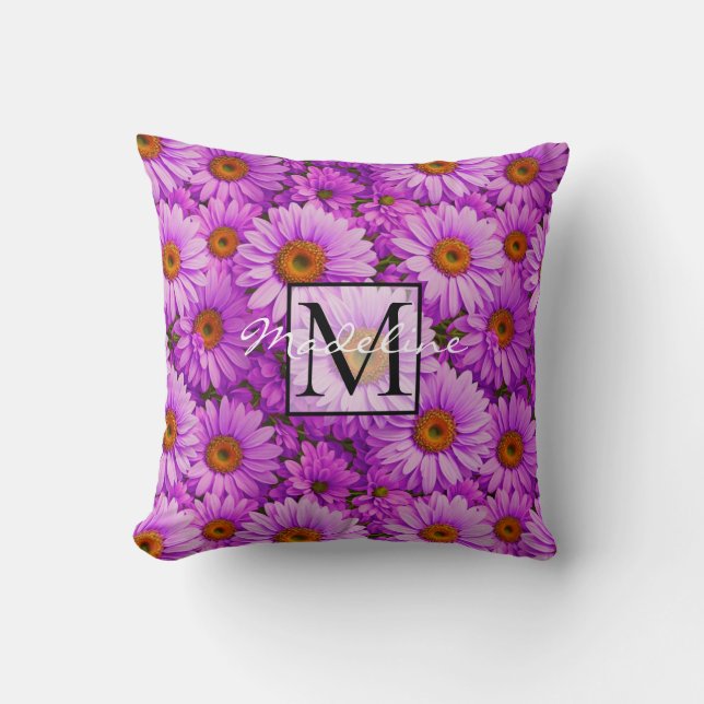 Elegant dark pink magenta floral daisies cushion (Front)