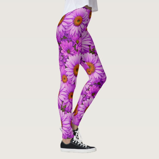 Elegant dark pink magenta floral daisies leggings (Right)