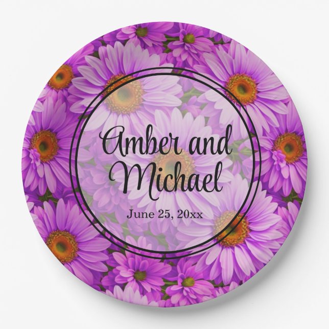 Elegant dark pink magenta floral daisies paper plate (Front)