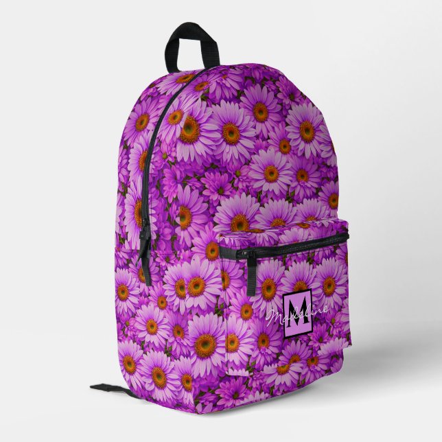 Elegant dark pink magenta floral daisies printed backpack (Back Corner Left)