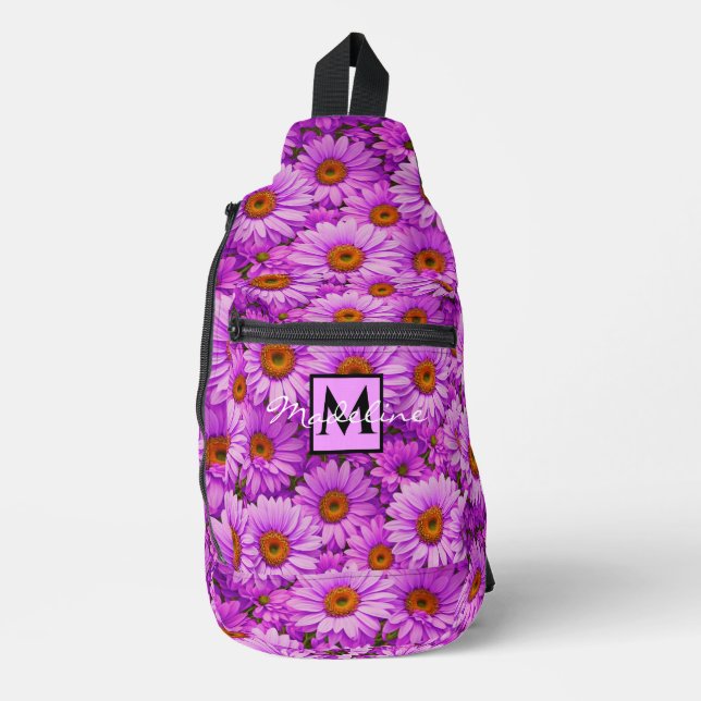 Elegant dark pink magenta floral daisies sling bag (Front)