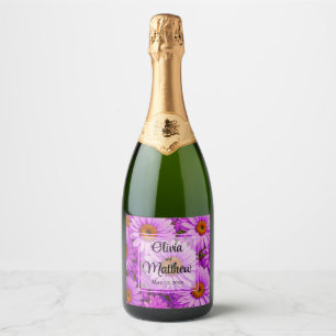 Elegant dark pink magenta floral daisies sparkling wine label