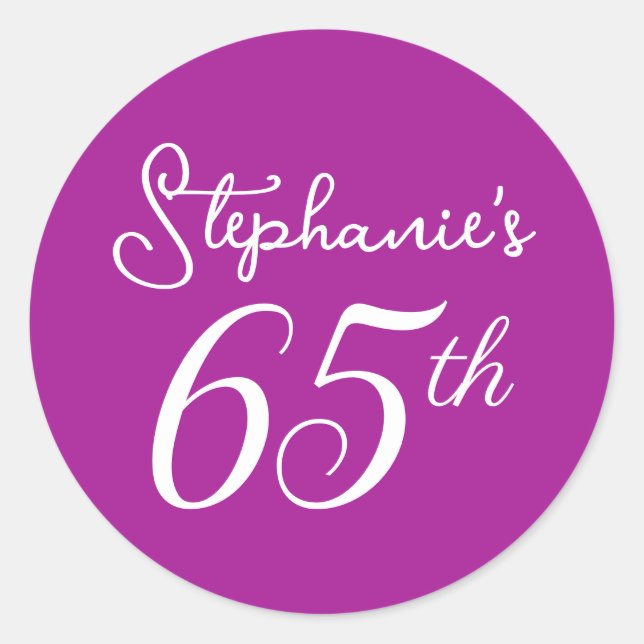 Elegant Dark Pink Monogram 65th Birthday Party Classic Round Sticker (Front)