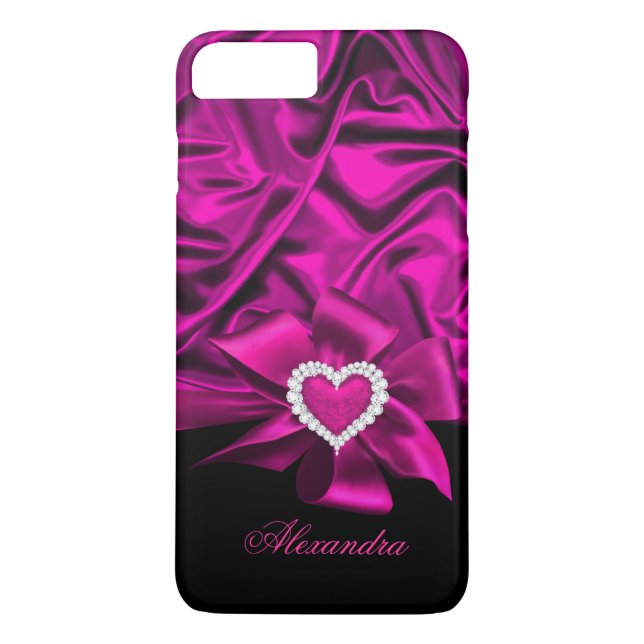 Elegant Dark Pink Silk Look Black Heart Jewel Case-Mate iPhone Case (Back)
