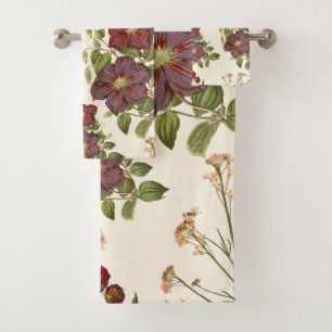 Elegant Dark Plum Clematis Floral Bath Towel Set