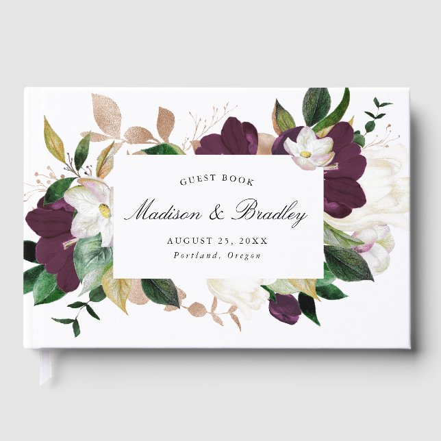 Elegant Dark Plum Floral Wedding Guest Book (Front)