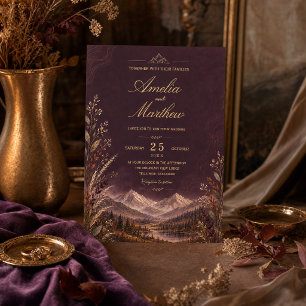 Elegant Dark Plum Mountain Gold Botanical Autumn Invitation