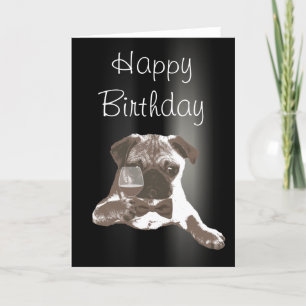 Elegant Dark Pug & Wine Happy Birthday Card