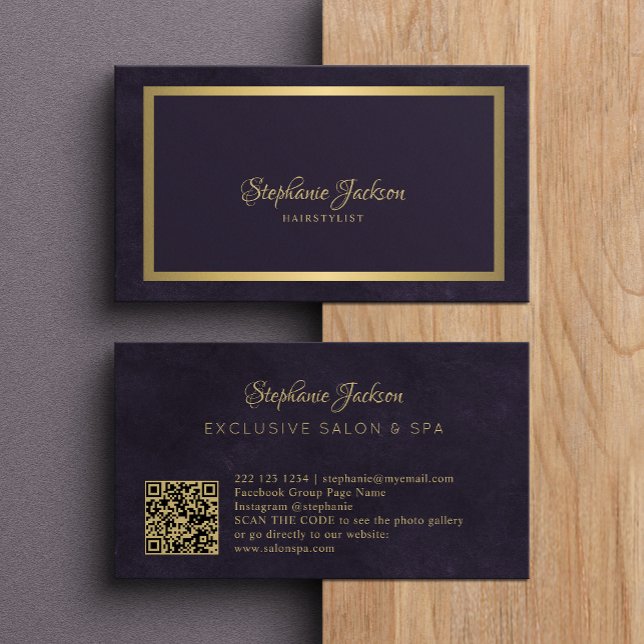 Elegant dark purple and gold QR code luxury Business Card (Creator Uploaded)