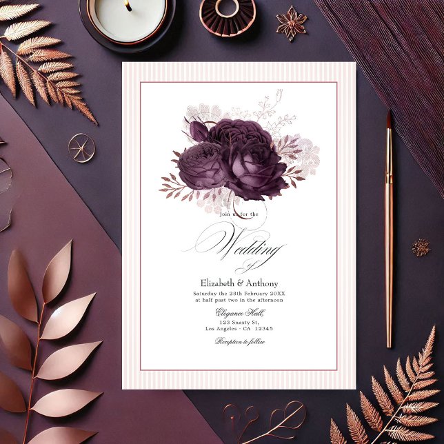 Elegant Dark Purple and Rose Gold Floral Wedding Invitation (Elegant Dark Purple and Rose Gold Floral Wedding Invitation)