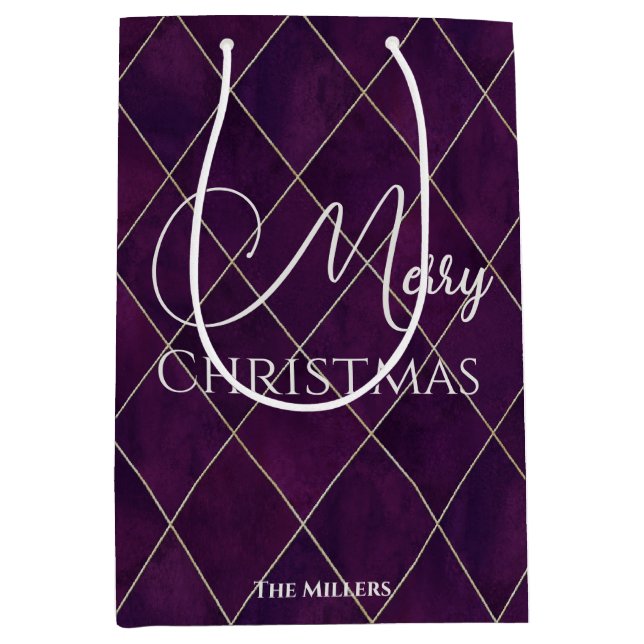 Elegant Dark Purple Argyle Pattern Merry Christmas Medium Gift Bag (Front)