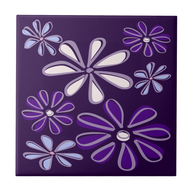 Elegant Dark Purple Blue Flower Doodle Tile (Front)