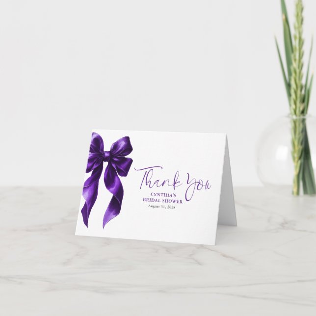 Elegant Dark Purple Bow Bridal Shower Thank You (Front)