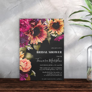 Elegant Dark Purple Burgundy Yellow Floral Black Invitation