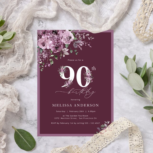Elegant Dark Purple Floral 90th Birthday Invitation (Creator Uploaded)
