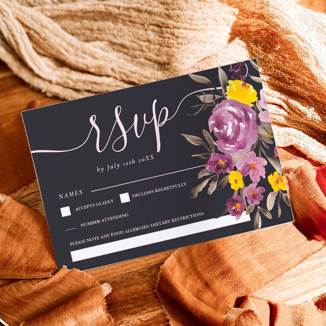 Elegant dark Purple floral wedding rsvp monogram Card (Elegant dark Purple floral wedding rsvp monogram)