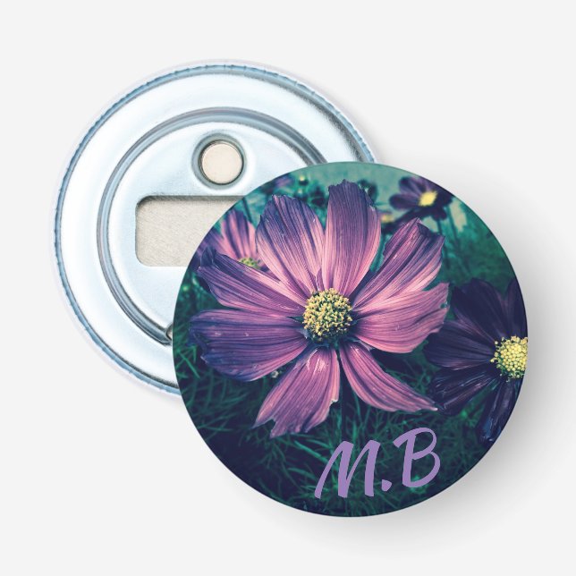 Elegant Dark Purple Flowers Photo Art Monogram Bottle Opener (Front)